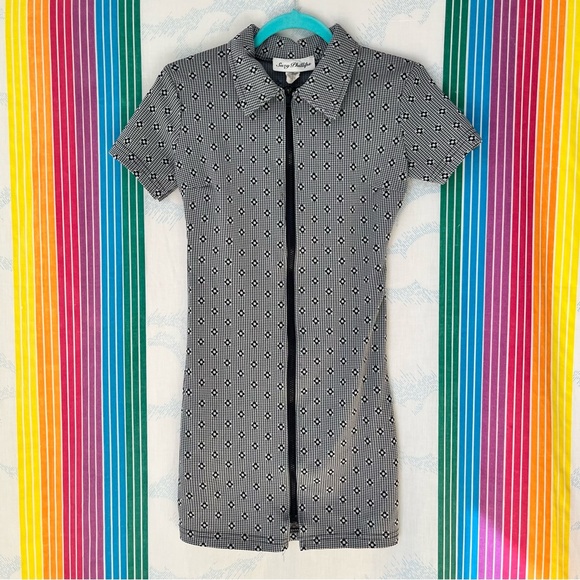 Vintage 90s Y2K Zip Front Plaid Daisy Mini Dress academia club extra small - Picture 2 of 10